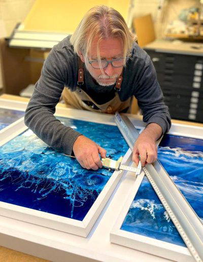 Blue triptych artwork framed by Sunday Framing in Praa Sands – bespoke handcrafted frame ensuring symmetrical alignment for poured acrylic canvases